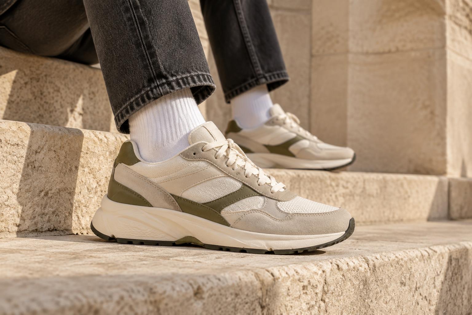 Cream sneakers and charcoal jeans on warm stone steps